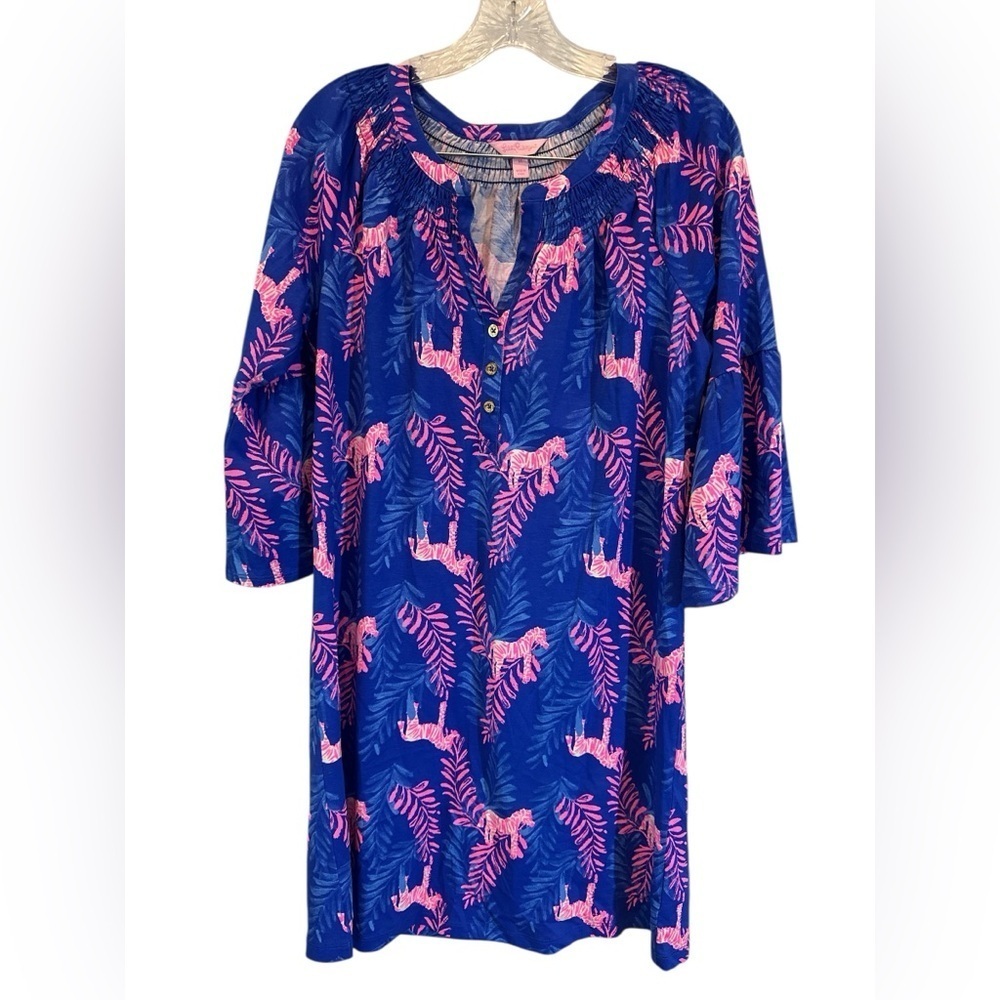 Lilly Pulitzer Ladies Vibrant Blue Hot Pink Zebra Bell Sleeve Dress Medium EUC